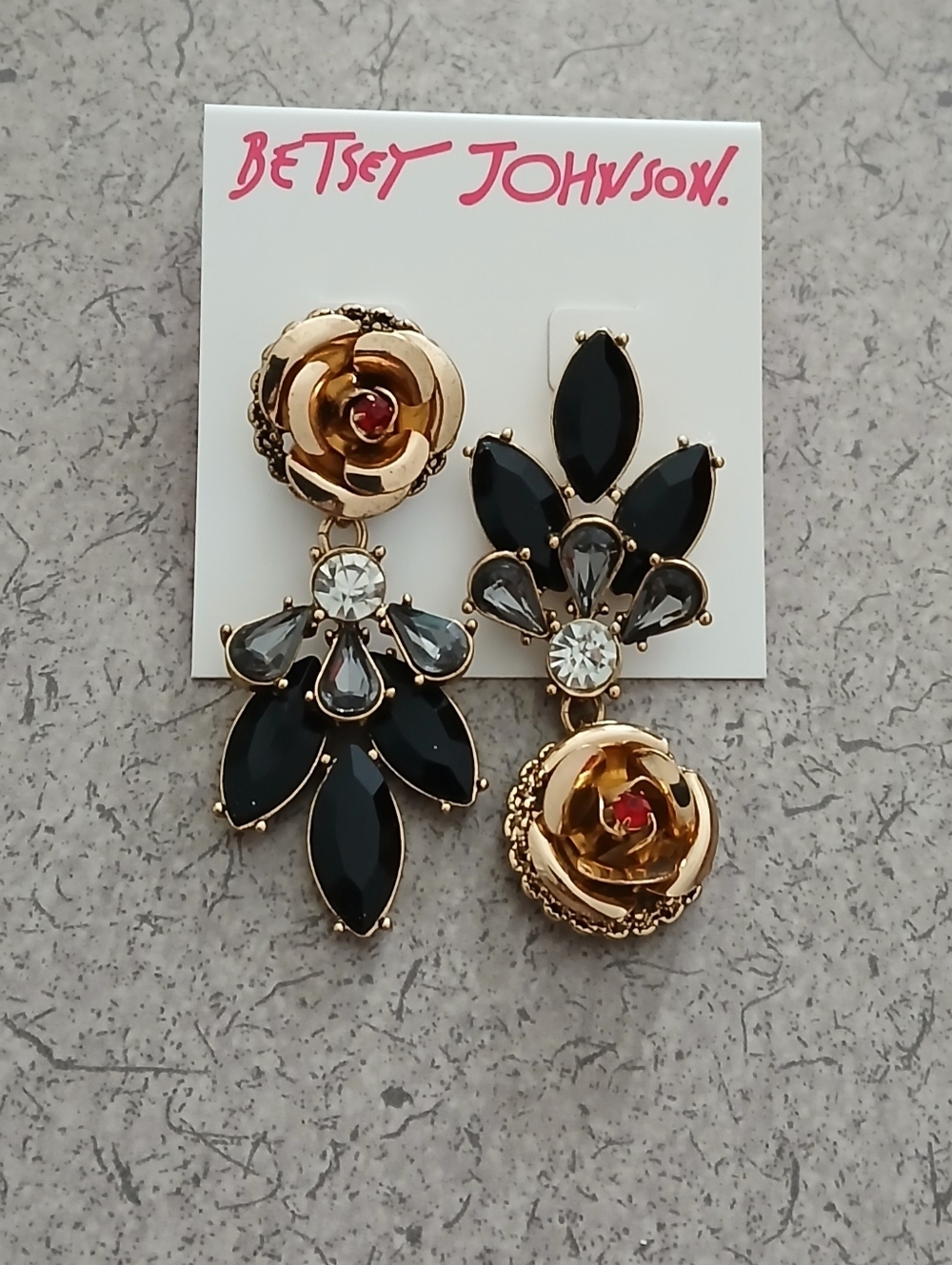 Betsey Johnson Black and Gold Floral Statement Drop Earrings with Clear Accents